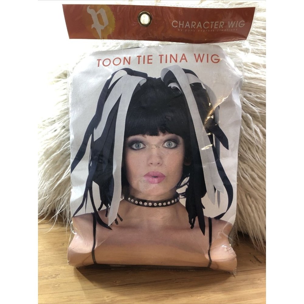 Pony Express Halloween Toon Tie Tina Wig Black w/ white Ties Costume Accessory